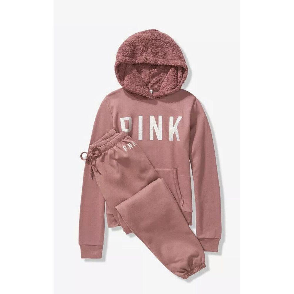 Victoria's Secret Pink Sherpa Perfect Pullover Classic Pants Set Cocoa Powder L